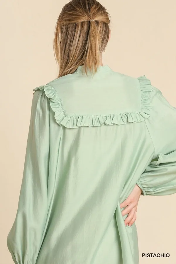 Long Sleeve Smocked Ruffle Yoke Tie Front Dress