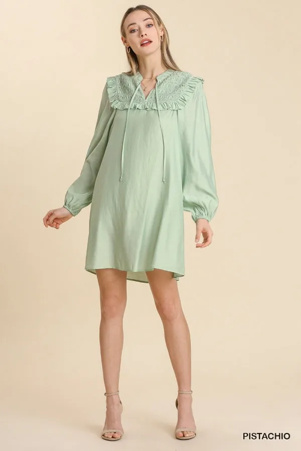 Long Sleeve Smocked Ruffle Yoke Tie Front Dress