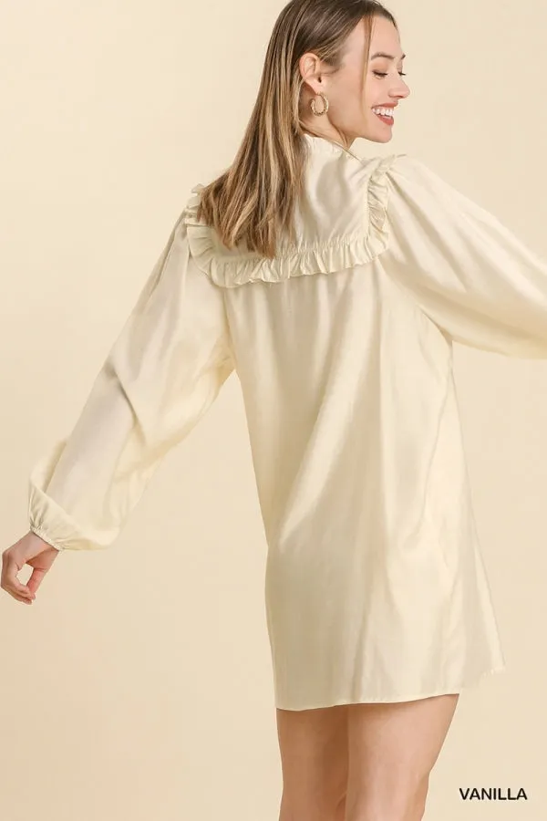 Long Sleeve Smocked Ruffle Yoke Tie Front Dress