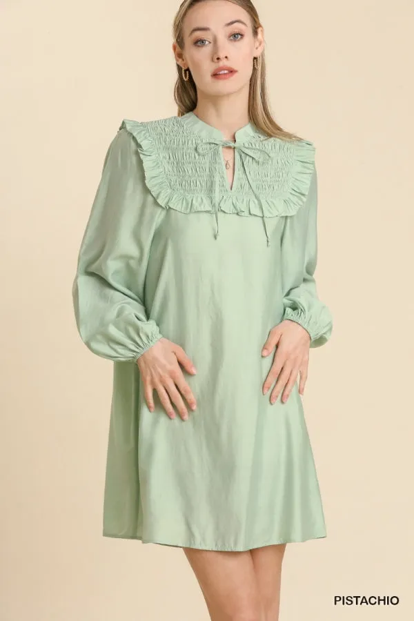 Long Sleeve Smocked Ruffle Yoke Tie Front Dress