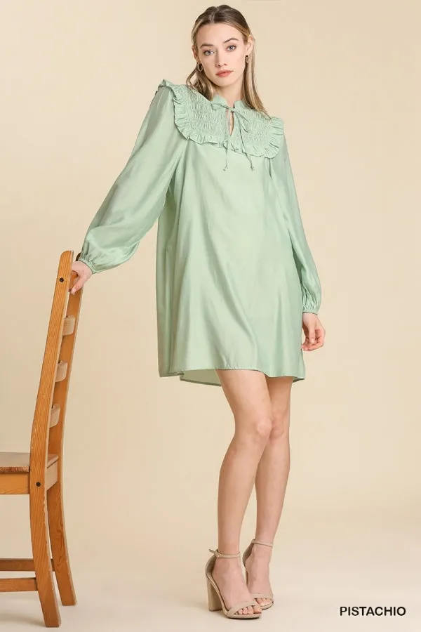 Long Sleeve Smocked Ruffle Yoke Tie Front Dress
