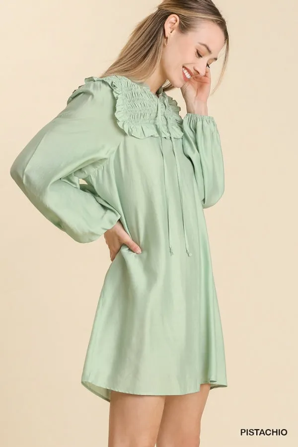 Long Sleeve Smocked Ruffle Yoke Tie Front Dress