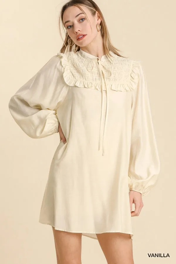 Long Sleeve Smocked Ruffle Yoke Tie Front Dress