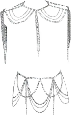 Long Tassels Silver Shoulder Chain Jewelry Belly Body Chains for Women Dance Wear