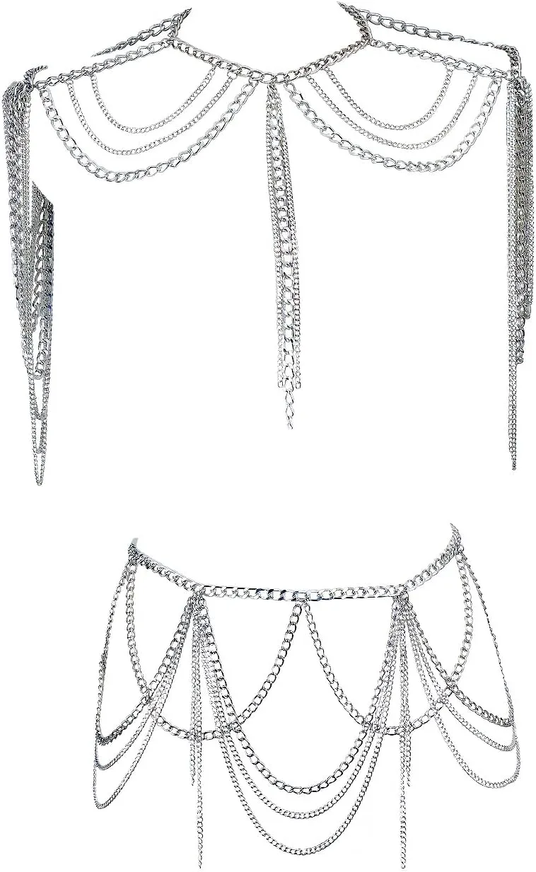 Long Tassels Silver Shoulder Chain Jewelry Belly Body Chains for Women Dance Wear