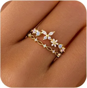 LOVECOM 925 Sterling Silver Cute Butterfly Daisy Flower Rings for Women 14K Gold Plated 2 Layered Colorful Opal CZ Floral Boho Stackable Statement Ring Jewelry Birthday Gifts to Daughter