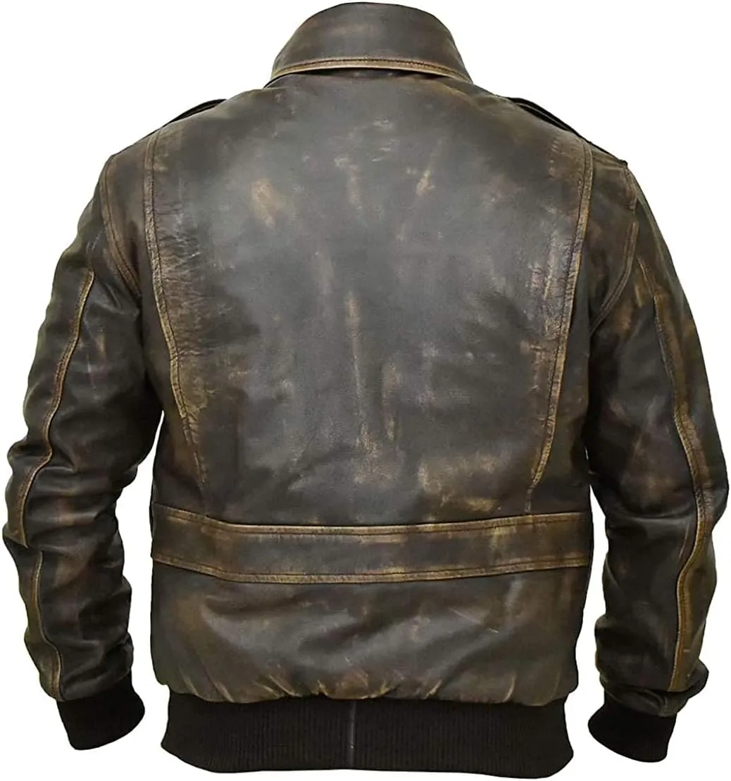LP-FACON Men's A2 Jacket Flight Pilot Aviator USAAF Air Force Distressed Brown Bomber Leather Outerwear