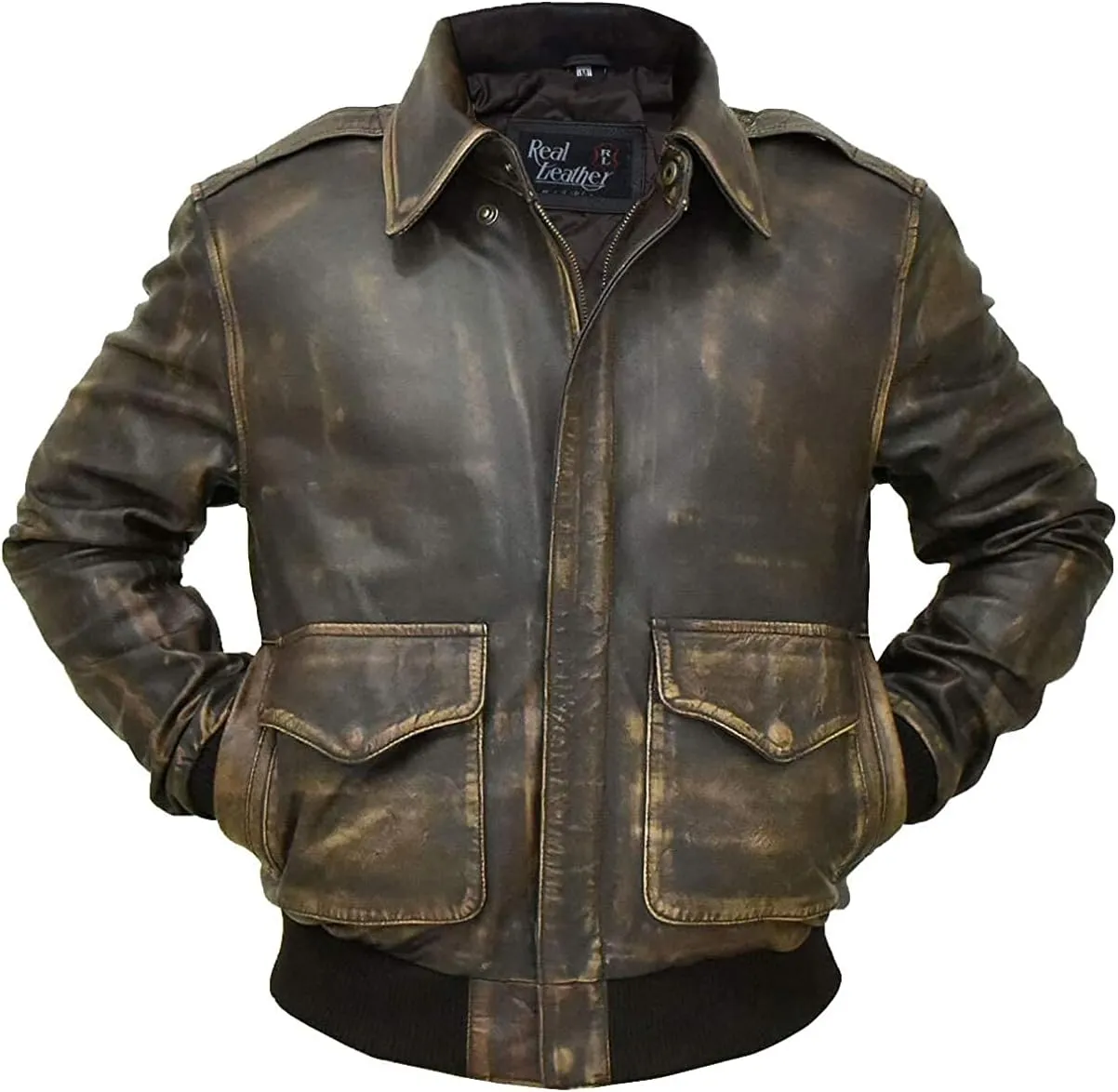 LP-FACON Men's A2 Jacket Flight Pilot Aviator USAAF Air Force Distressed Brown Bomber Leather Outerwear