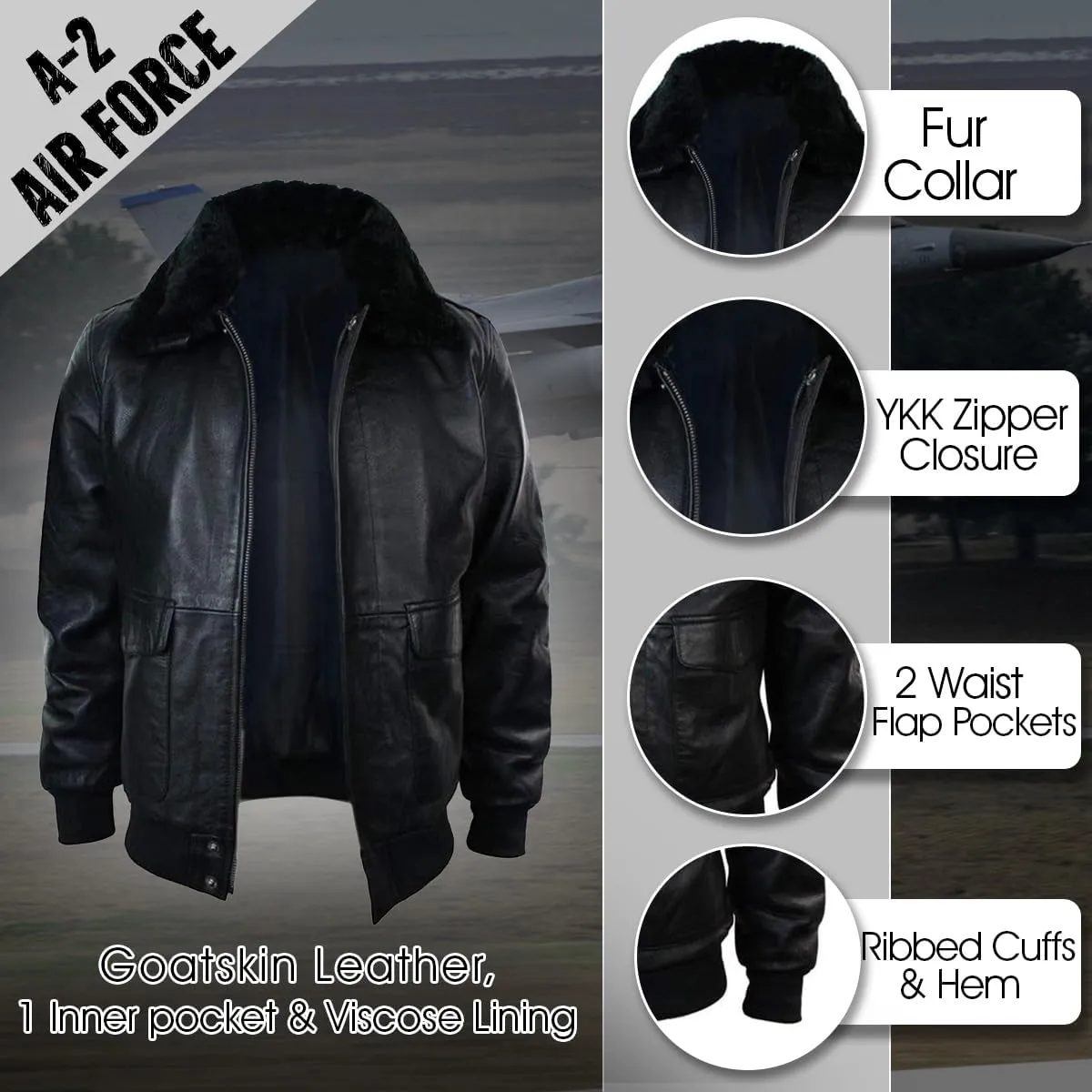 LP-FACON Men's A2 Jacket Flight Pilot Aviator USAAF Air Force Distressed Brown Bomber Leather Outerwear