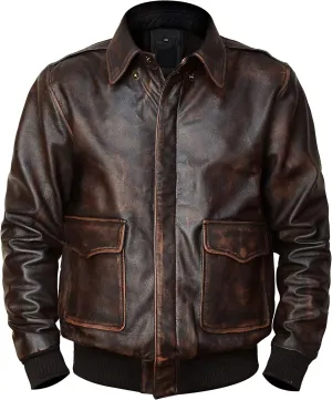 LP-FACON Men's A2 Jacket Flight Pilot Aviator USAAF Air Force Distressed Brown Bomber Leather Outerwear