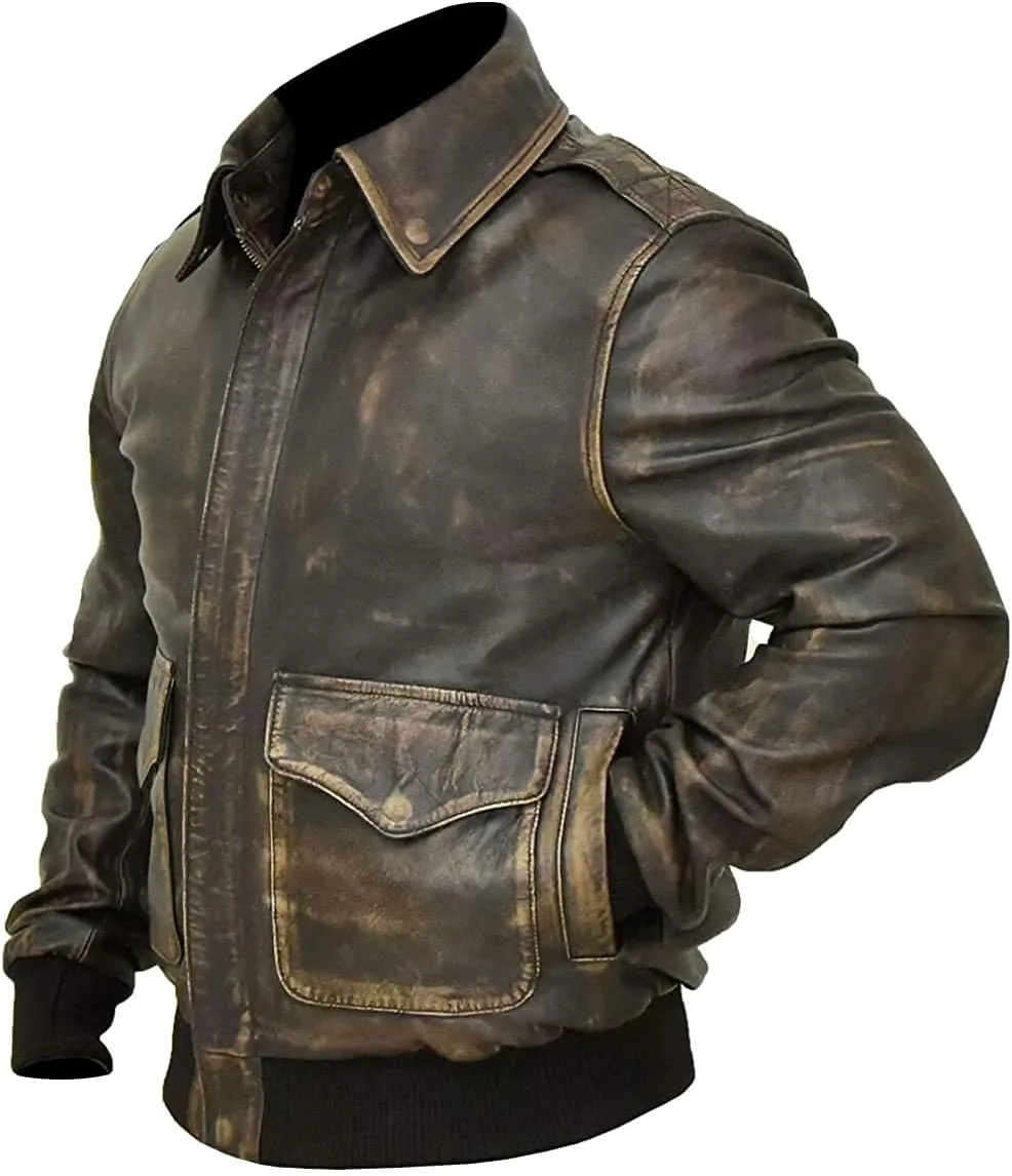 LP-FACON Men's A2 Jacket Flight Pilot Aviator USAAF Air Force Distressed Brown Bomber Leather Outerwear