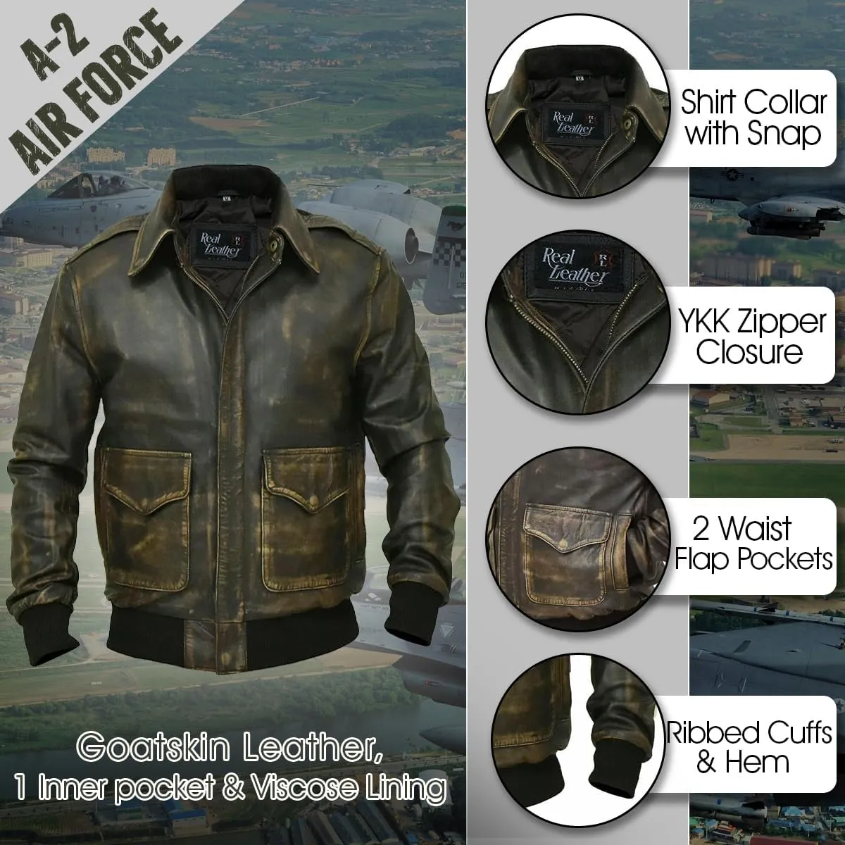 LP-FACON Men's A2 Jacket Flight Pilot Aviator USAAF Air Force Distressed Brown Bomber Leather Outerwear