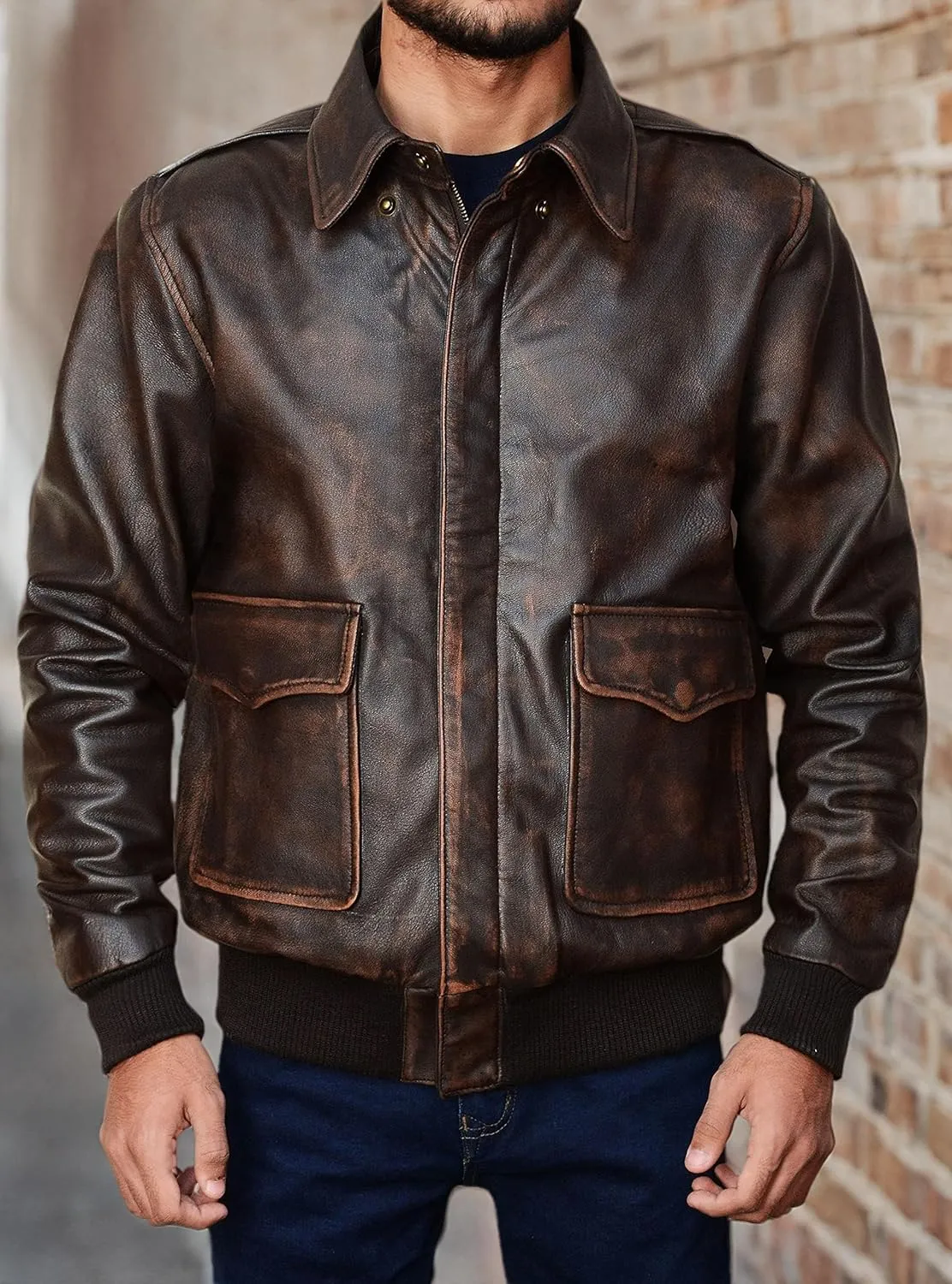 LP-FACON Men's A2 Jacket Flight Pilot Aviator USAAF Air Force Distressed Brown Bomber Leather Outerwear