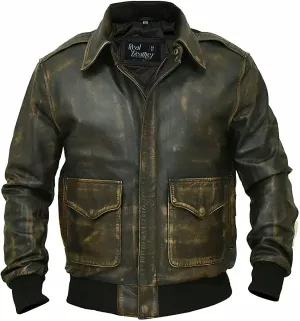 LP-FACON Men's A2 Jacket Flight Pilot Aviator USAAF Air Force Distressed Brown Bomber Leather Outerwear