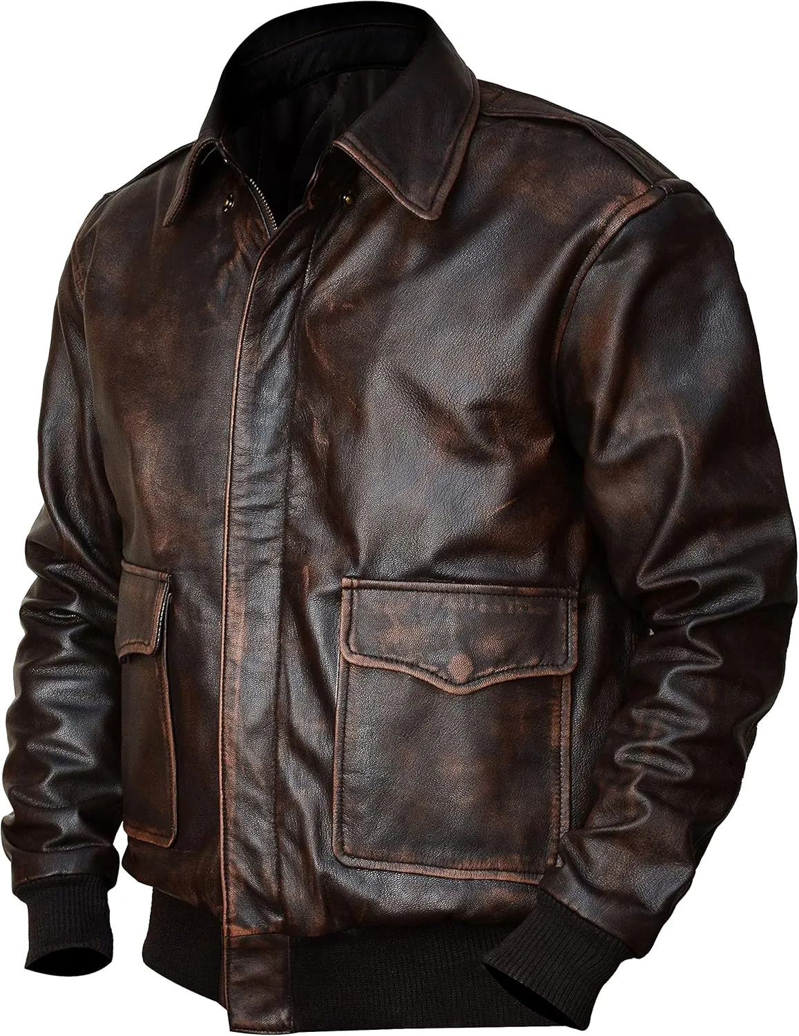 LP-FACON Men's A2 Jacket Flight Pilot Aviator USAAF Air Force Distressed Brown Bomber Leather Outerwear