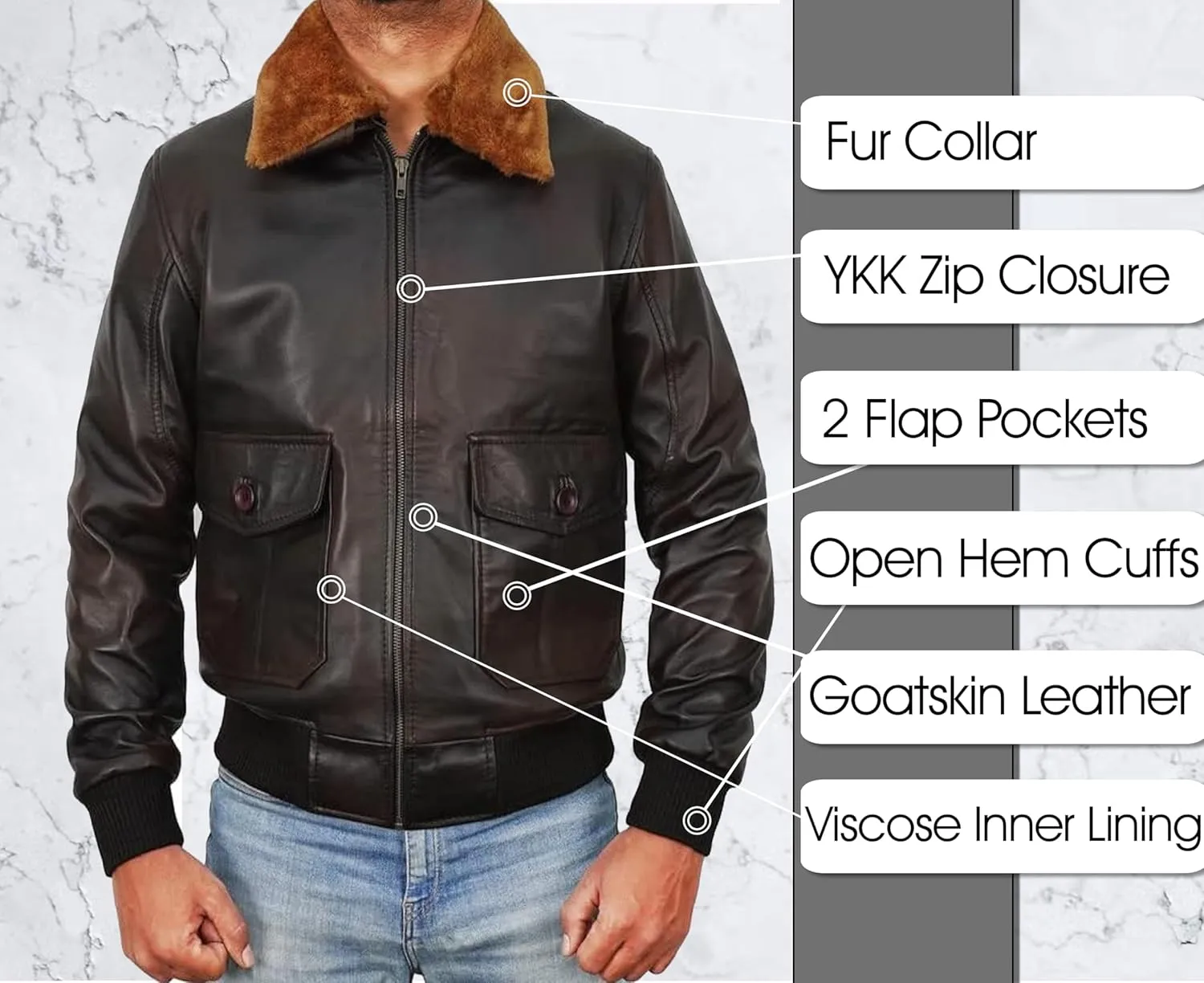 LP-FACON Men's A2 Jacket Flight Pilot Aviator USAAF Air Force Distressed Brown Bomber Leather Outerwear