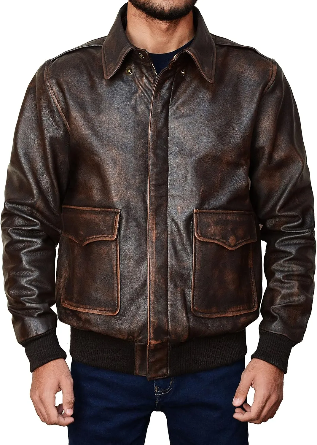 LP-FACON Men's A2 Jacket Flight Pilot Aviator USAAF Air Force Distressed Brown Bomber Leather Outerwear