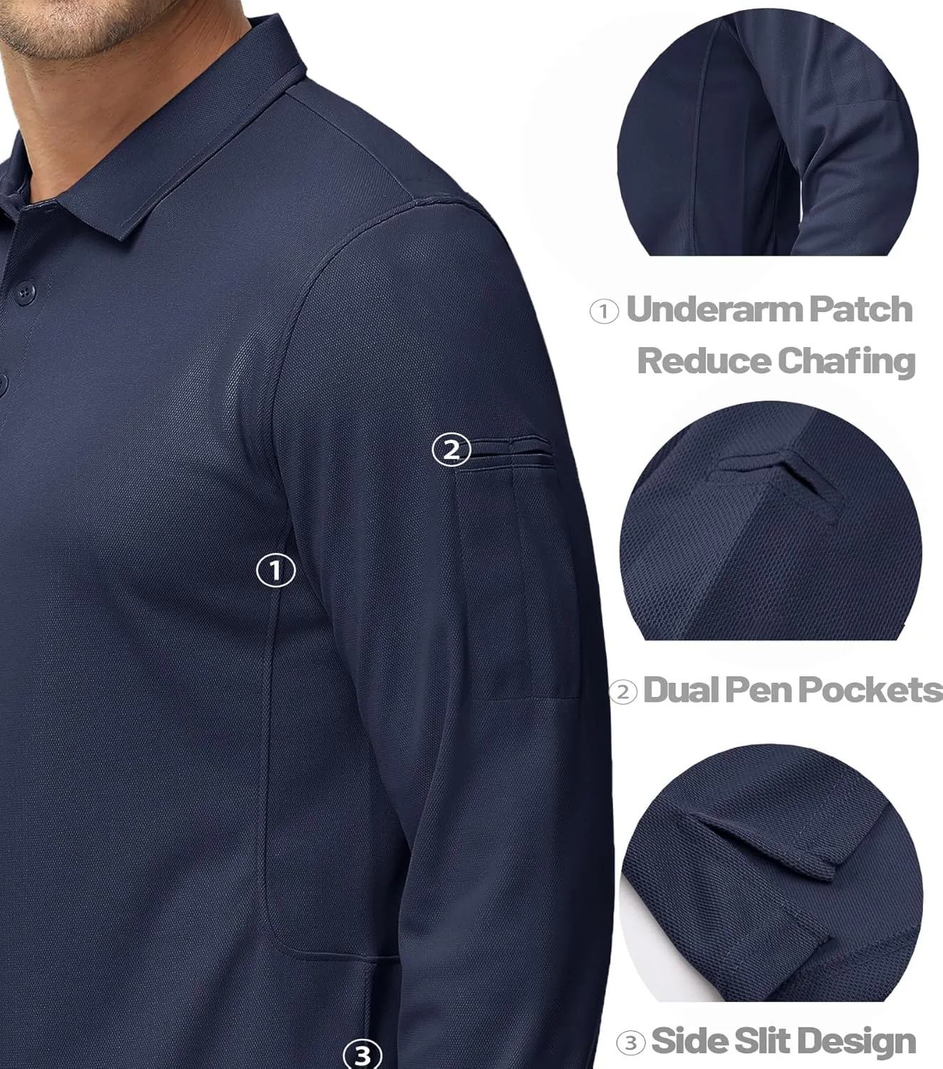 MAGCOMSEN Men's Polo Shirts 3 Button Quick Dry Performance Long Sleeve Tactical Shirts Pique Jersey Golf Shirt