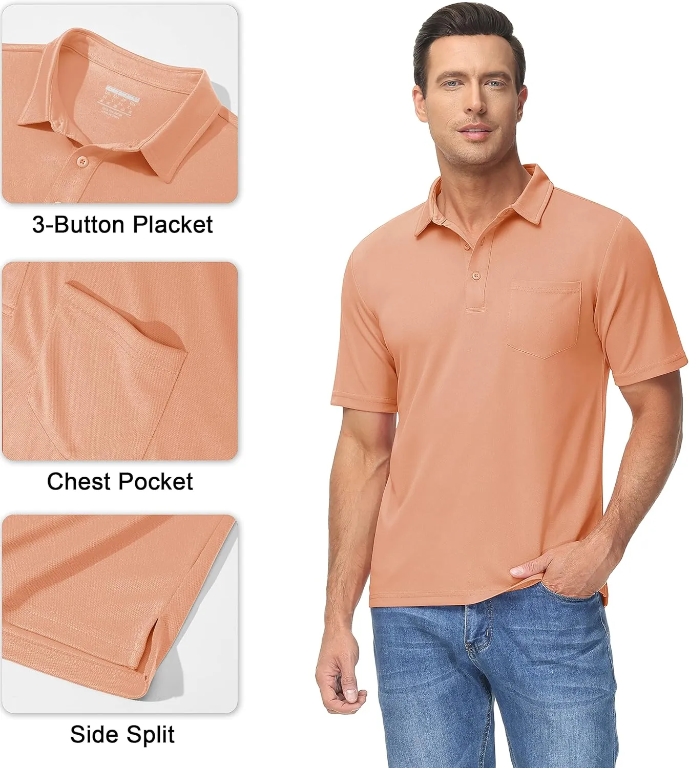 MAGCOMSEN Polo Shirts for Men with Pocket Short Sleeve Collared Golf Shirts Quick Dry Pique Performance Athletic Summer