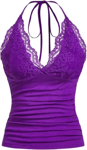MakeMeChic Women's Halter Top Y2K Lace V Neck Ruched Low Cut Halter Tank Tops Camisole Tops