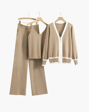 Marguerite – V-neck zip-up cardigan – Three-piece knit set