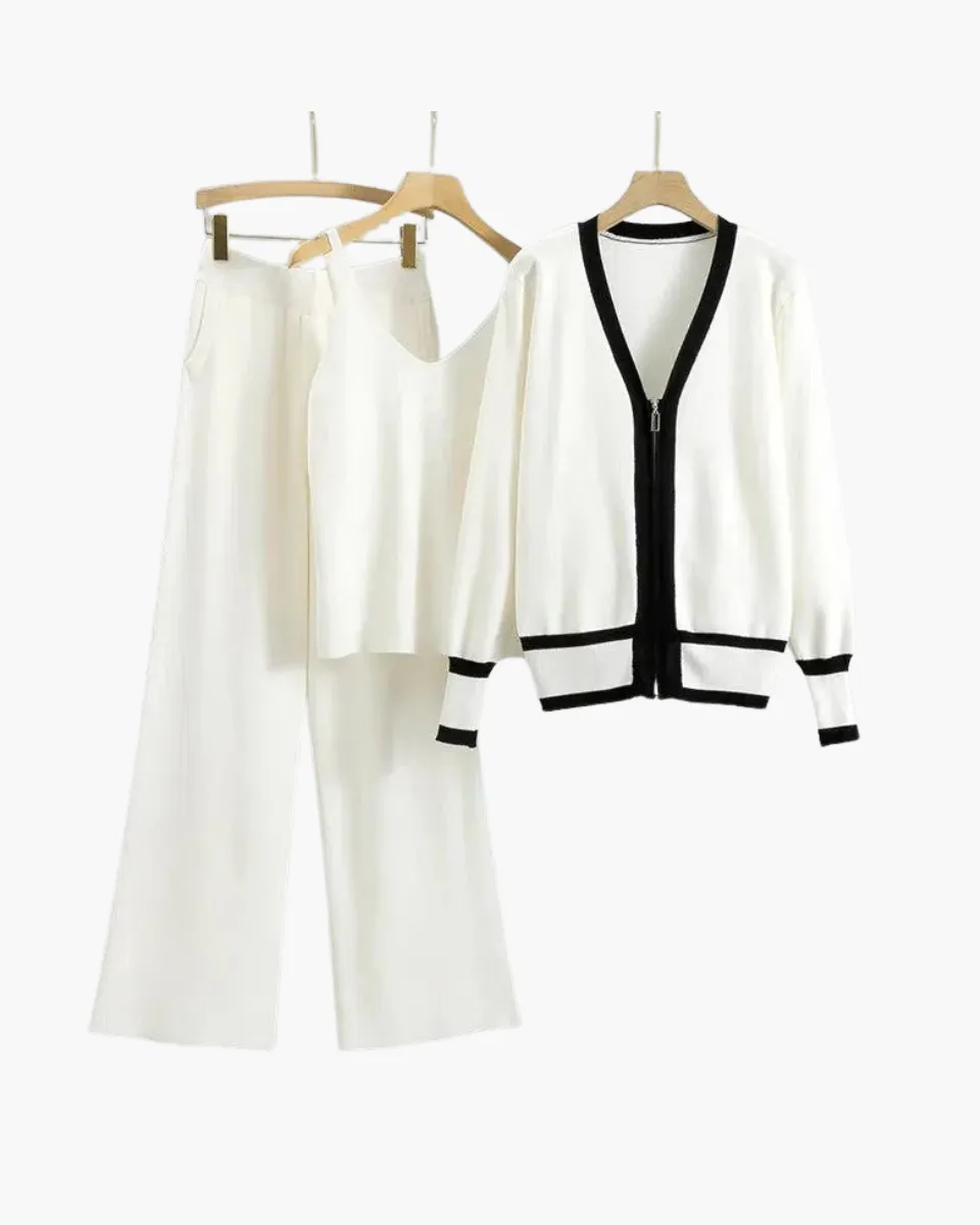 Marguerite – V-neck zip-up cardigan – Three-piece knit set