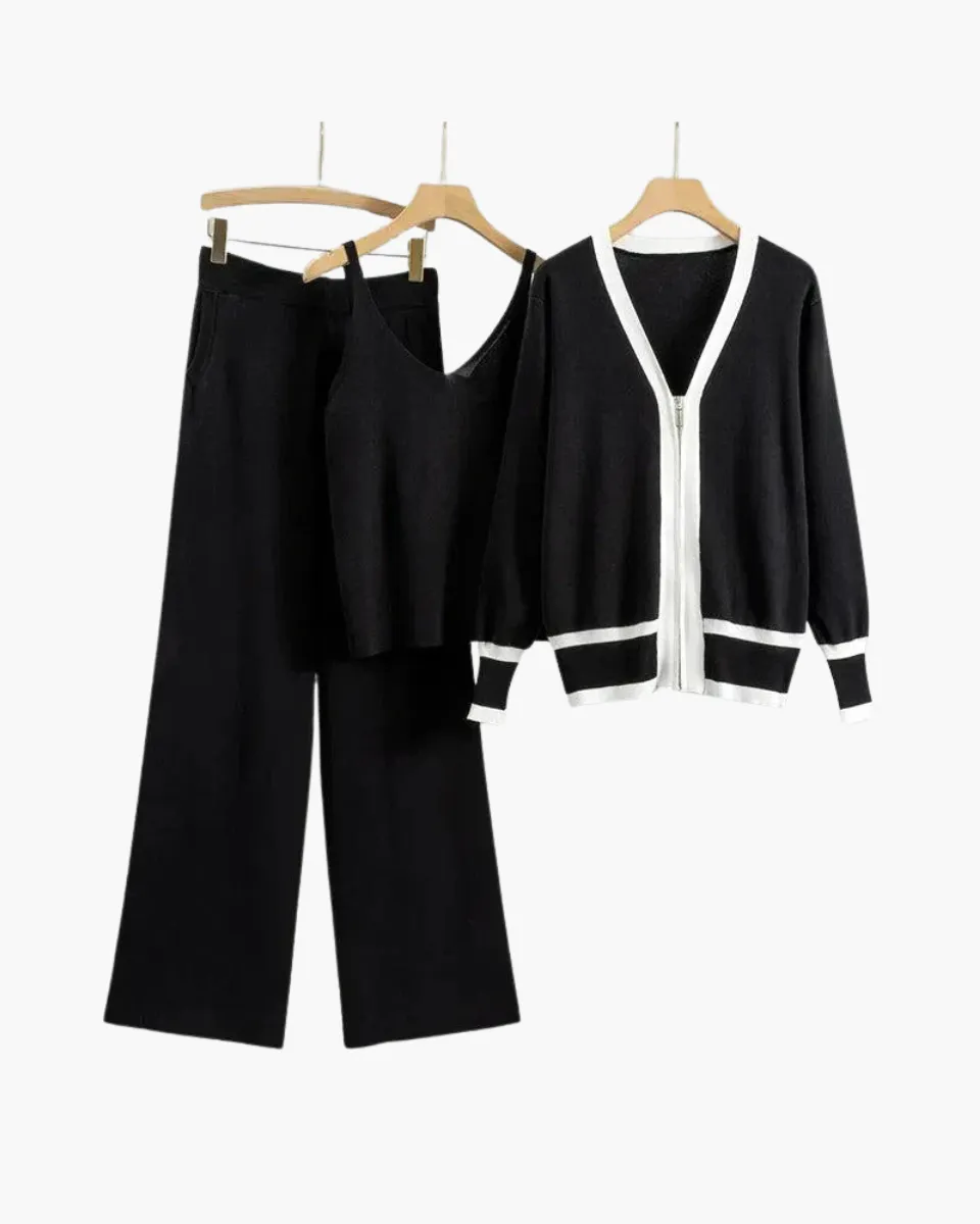 Marguerite – V-neck zip-up cardigan – Three-piece knit set