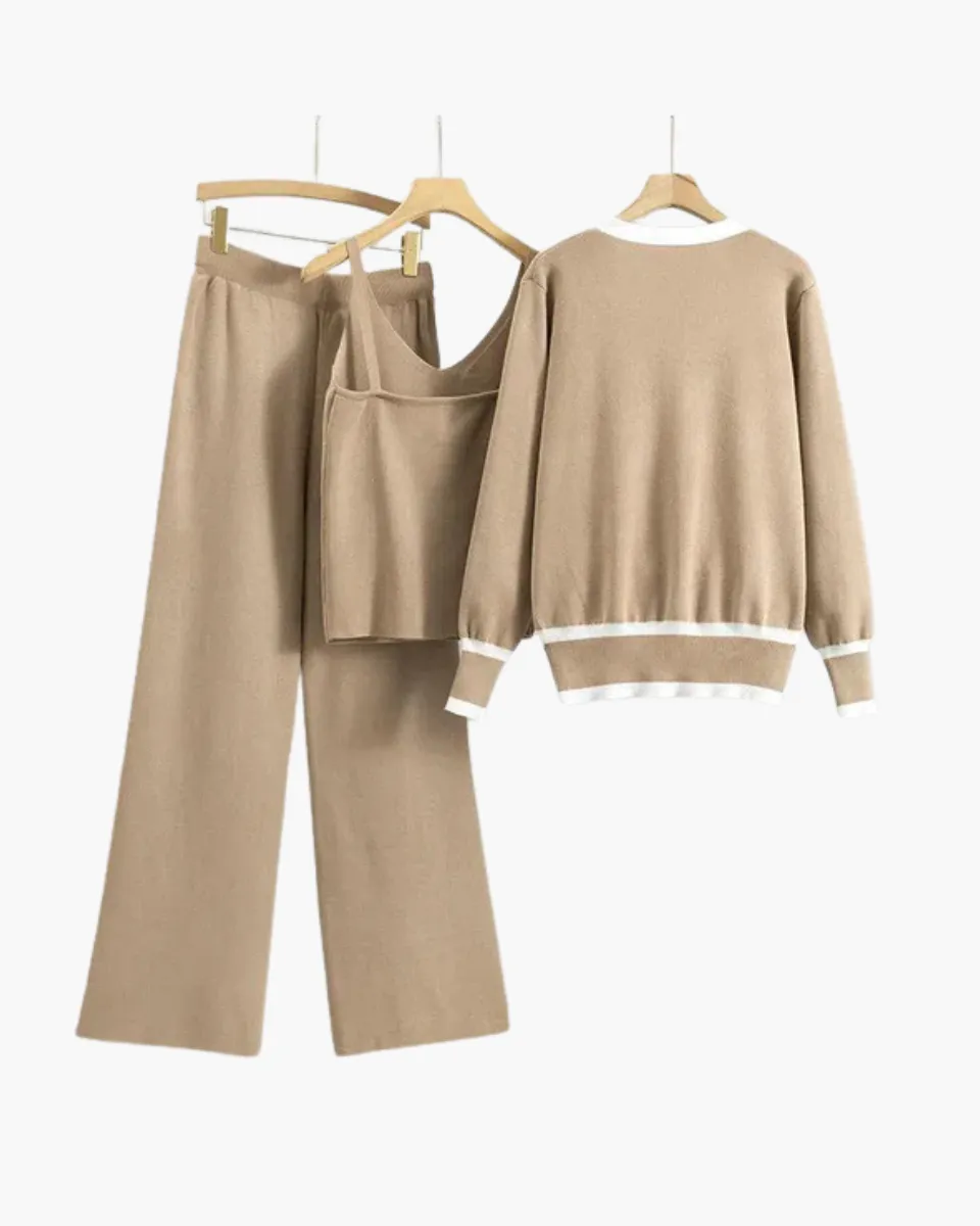 Marguerite – V-neck zip-up cardigan – Three-piece knit set