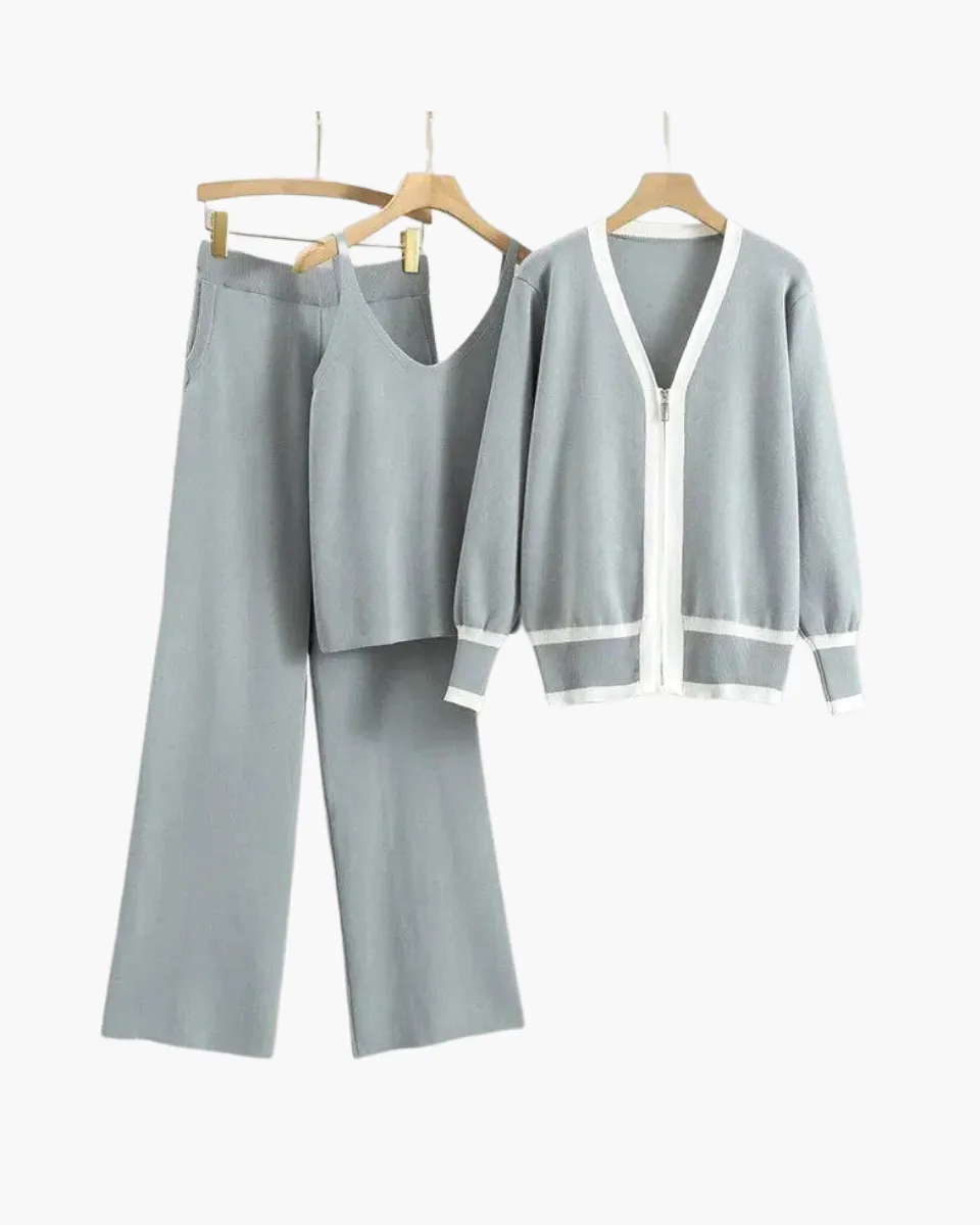Marguerite – V-neck zip-up cardigan – Three-piece knit set