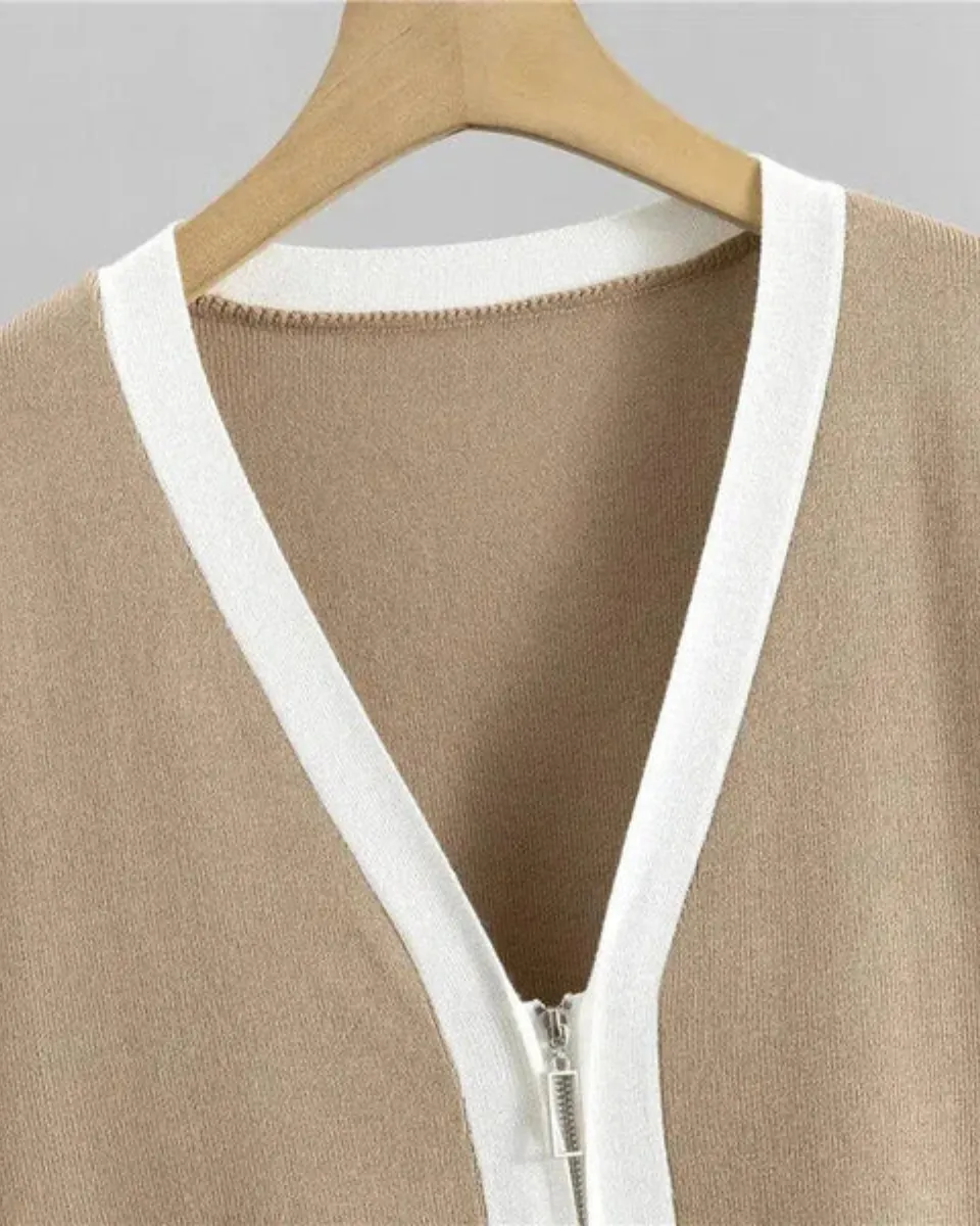 Marguerite – V-neck zip-up cardigan – Three-piece knit set