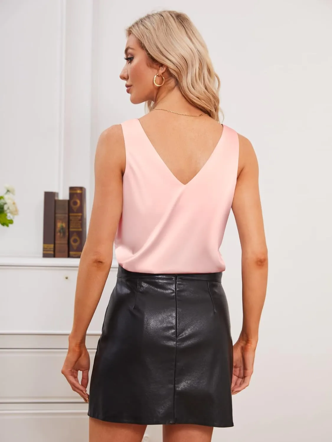Mawor Satin Tank Tops for Women Loose Fit Sleeveless V Neck Cami Camisole Blouses Shirt Top
