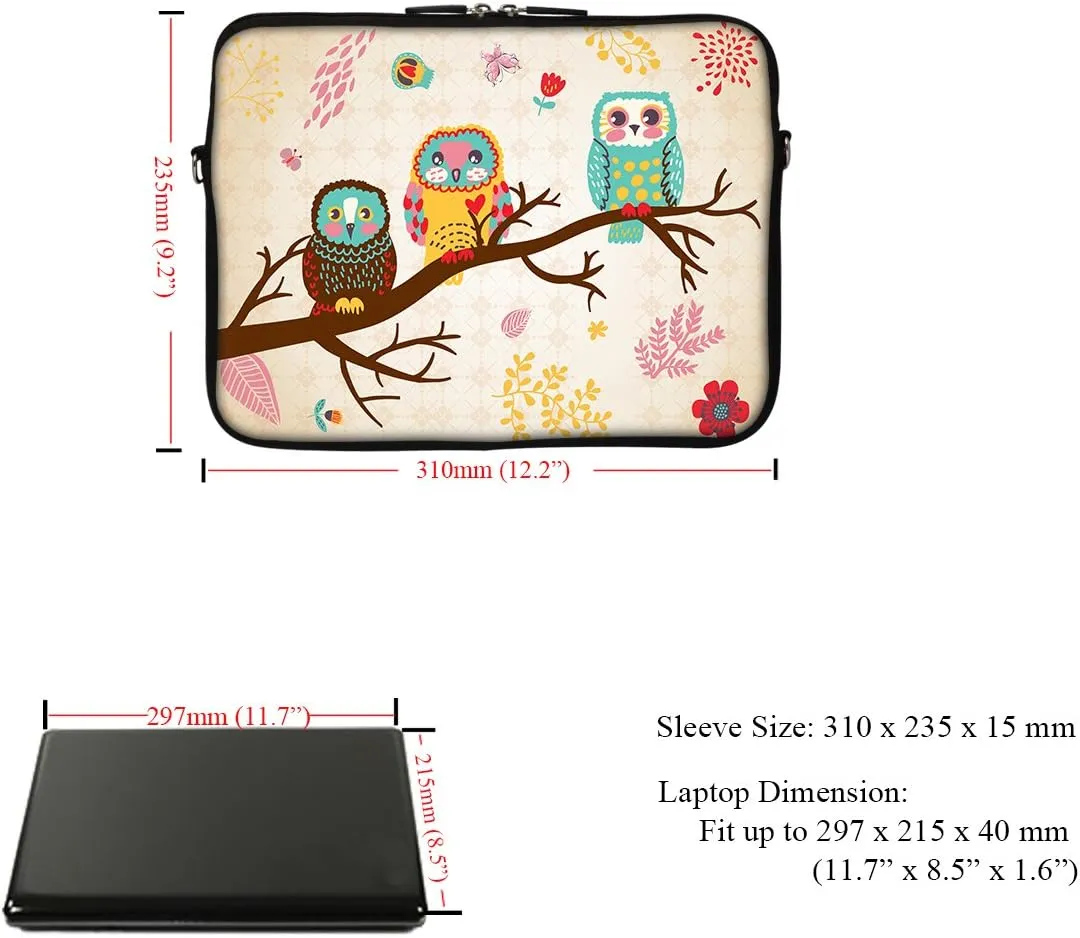 Meffort Inc 12 Inch Neoprene Laptop Sleeve Bag - Water Resistant, Hidden Handle, Adjustable Shoulder Strap, Dual Zipper, Fits Up to 11.6 - 12" Laptops - Three Owls