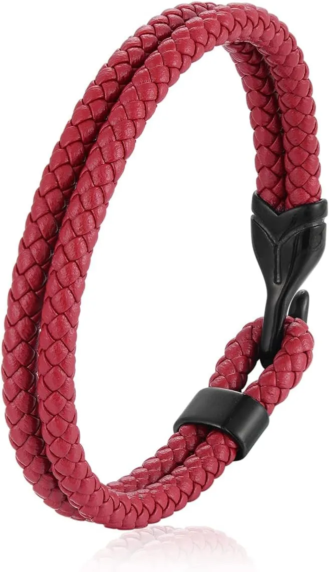 Mens Braided Leather Hook Bracelet,Two-row Leather with Black Stainless Steel Hook Clasp, Minimalist Style