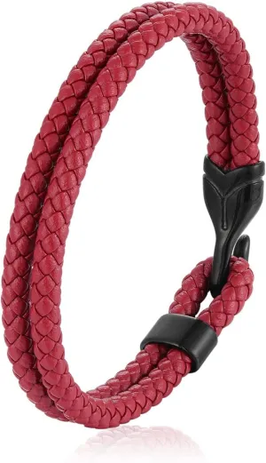 Mens Braided Leather Hook Bracelet,Two-row Leather with Black Stainless Steel Hook Clasp, Minimalist Style