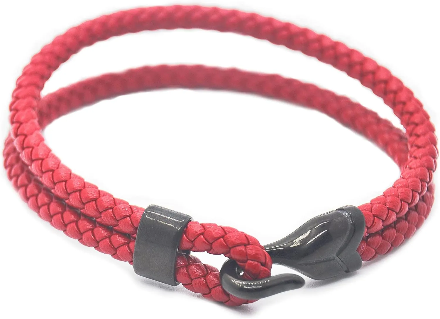 Mens Braided Leather Hook Bracelet,Two-row Leather with Black Stainless Steel Hook Clasp, Minimalist Style