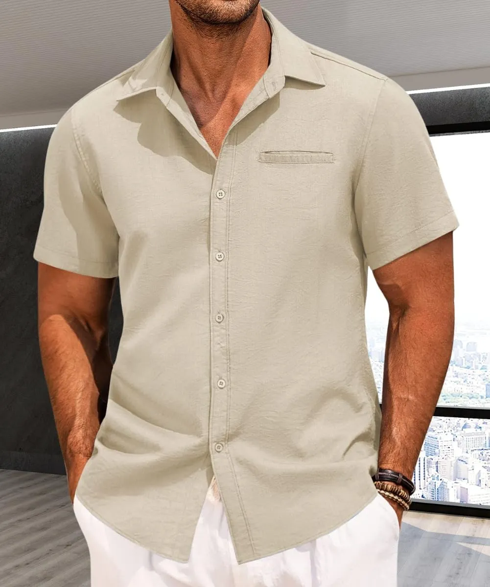 Mens Casual Button Down Shirt Short Sleeve V Neck Tops 2025 Summer Vacation Beach Blouses Shirts