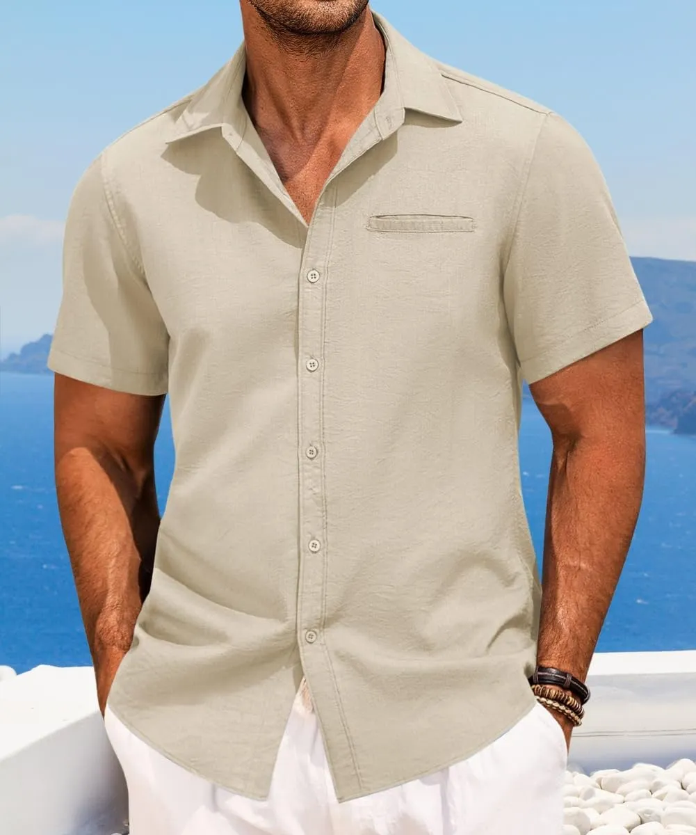 Mens Casual Button Down Shirt Short Sleeve V Neck Tops 2025 Summer Vacation Beach Blouses Shirts