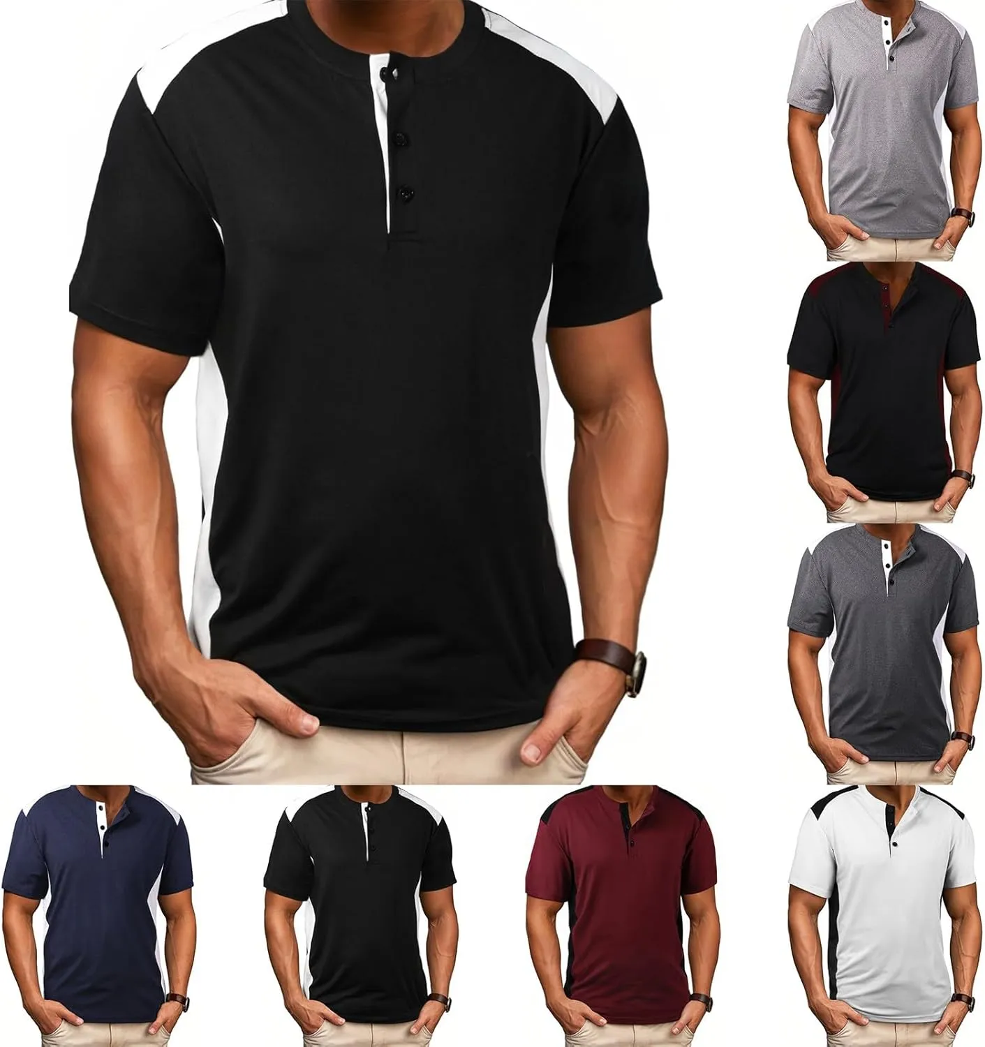 Men's Cotton Linen Henley Shirt Short Sleeve Band Collar Solid Hippie Casual Summer Beach T-Shirts with Pocket