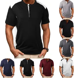 Men's Cotton Linen Henley Shirt Short Sleeve Band Collar Solid Hippie Casual Summer Beach T-Shirts with Pocket