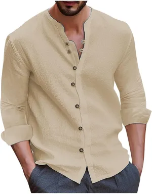 Mens Cotton Linen Shirts Vintage Lightweight Button Down Blouses Casual Loose Long Sleeve V-Neck Tops