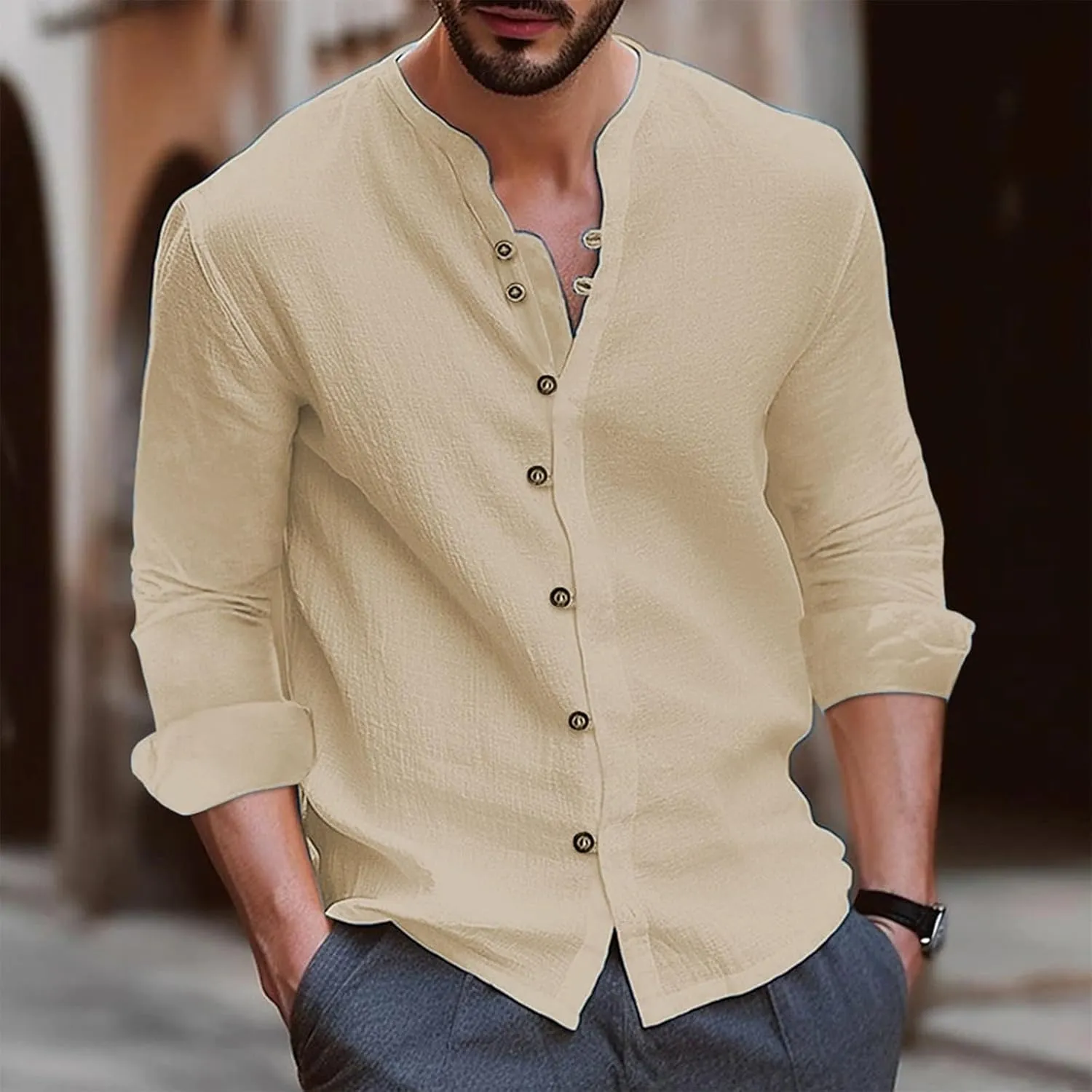 Mens Cotton Linen Shirts Vintage Lightweight Button Down Blouses Casual Loose Long Sleeve V-Neck Tops