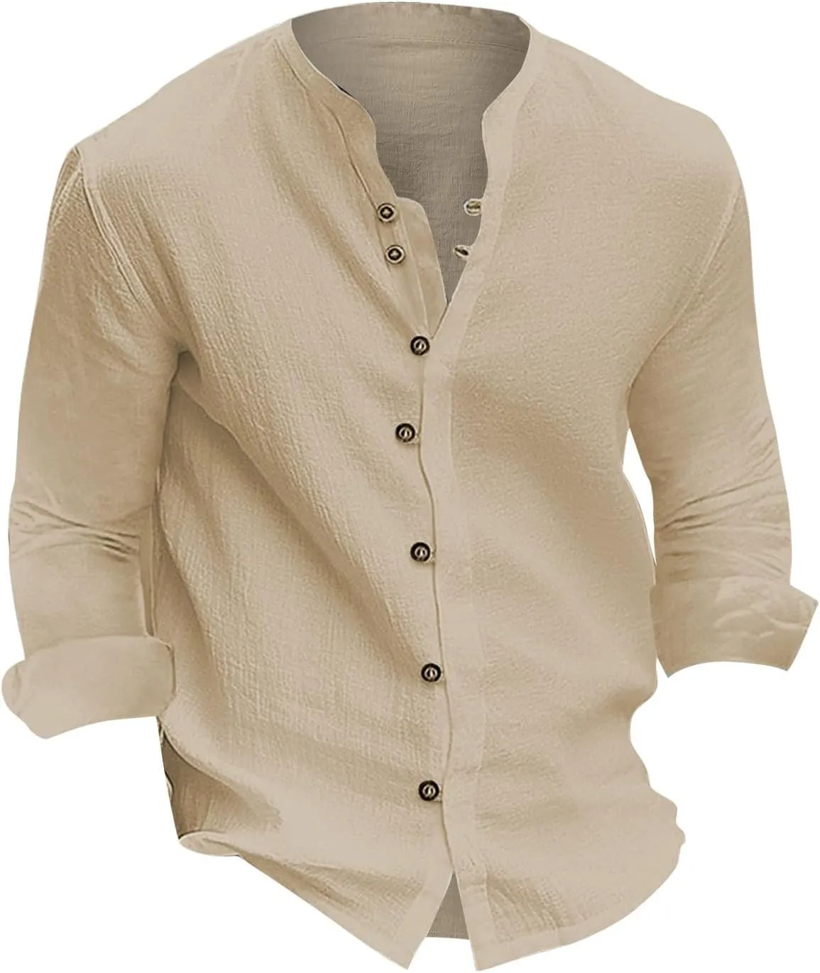Mens Cotton Linen Shirts Vintage Lightweight Button Down Blouses Casual Loose Long Sleeve V-Neck Tops