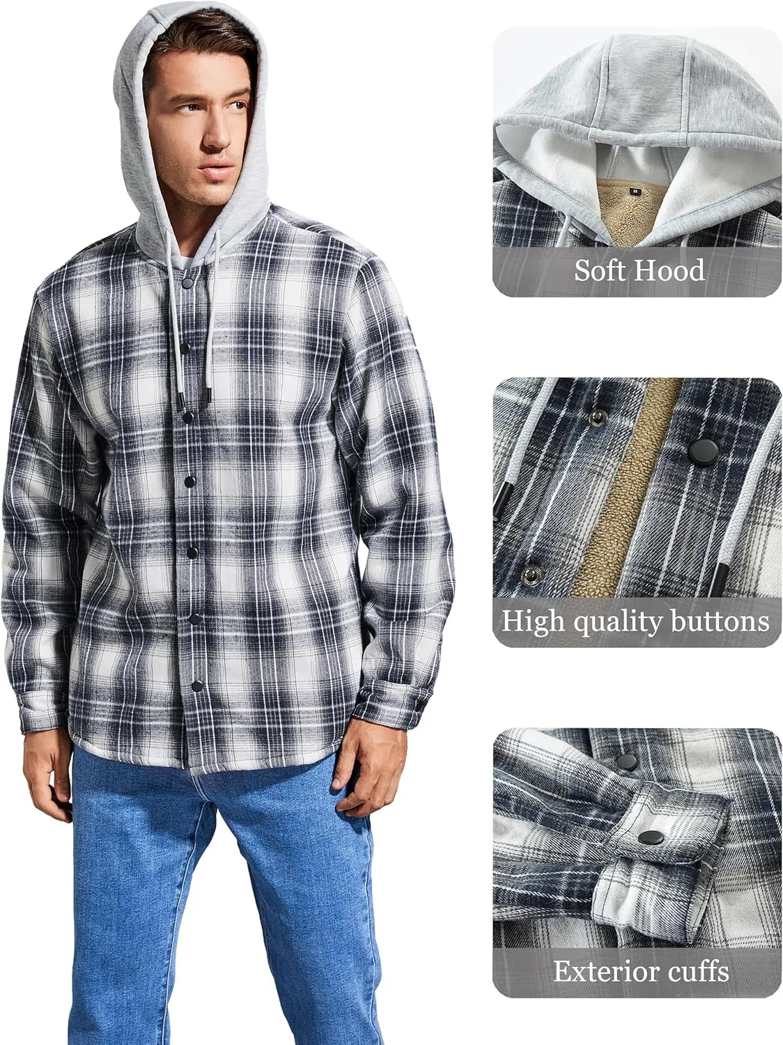 Men's Cotton Plaid Long Sleeve Shirts Jacket Fleece Lined Flannel Shirts Sherpa Button Down Coat with Hood