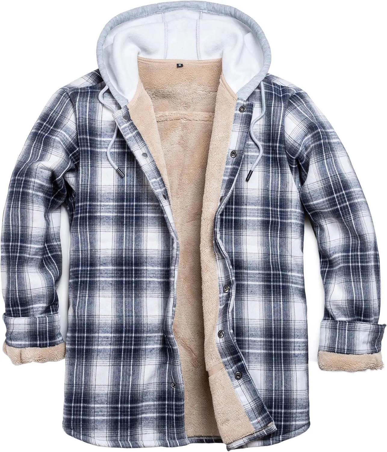 Men's Cotton Plaid Long Sleeve Shirts Jacket Fleece Lined Flannel Shirts Sherpa Button Down Coat with Hood
