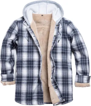 Men's Cotton Plaid Long Sleeve Shirts Jacket Fleece Lined Flannel Shirts Sherpa Button Down Coat with Hood