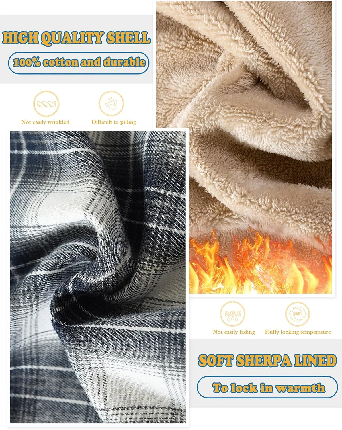 Men's Cotton Plaid Long Sleeve Shirts Jacket Fleece Lined Flannel Shirts Sherpa Button Down Coat with Hood