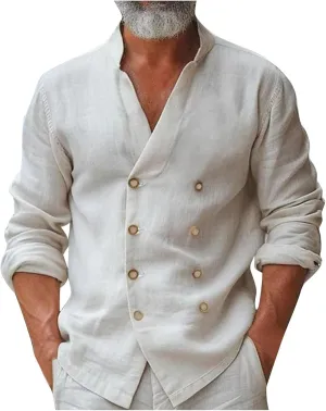 Mens Double-Breasted Shirts Linen Casual Fashion Button Down Shirts Long Sleeve Soft Stretch Collar Fall Tops