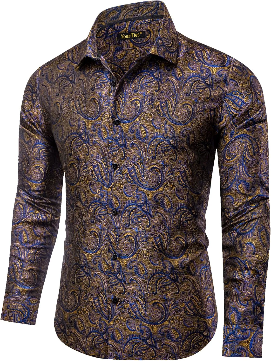 Mens Dress Shirt Silk Long Sleeve Button Up Shirts Retro Floral Tuxedo Shirts for Wedding Party Events