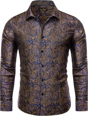 Mens Dress Shirt Silk Long Sleeve Button Up Shirts Retro Floral Tuxedo Shirts for Wedding Party Events