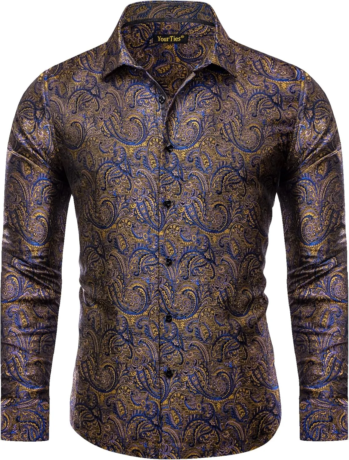 Mens Dress Shirt Silk Long Sleeve Button Up Shirts Retro Floral Tuxedo Shirts for Wedding Party Events
